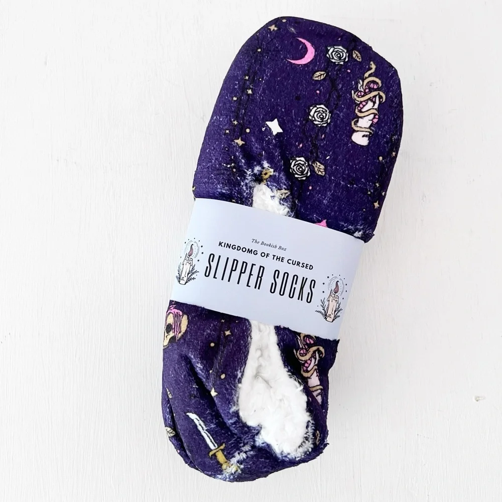 The Bookish Box Slipper Socks Purple Kingdom of the Cursed Kerri Maniscalco
